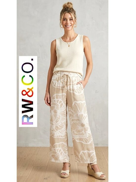 RW&CO. Pants - (3 for $30) RW&Co., Cream/tan wide leg tropical print with front tie